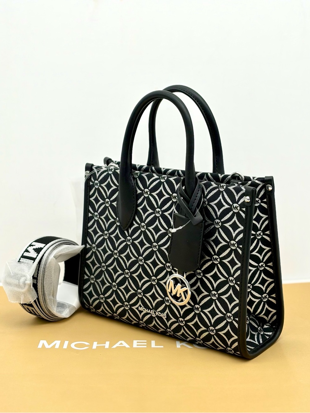 Michael Kors Mirella Small Metallic Logo Jacquard Crossbody Bag Black/Silver - Picture 5 of 12